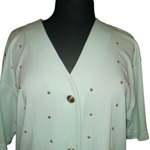 Vintage Light Green Studded Button Up Short Sleeve Top Petite Size S